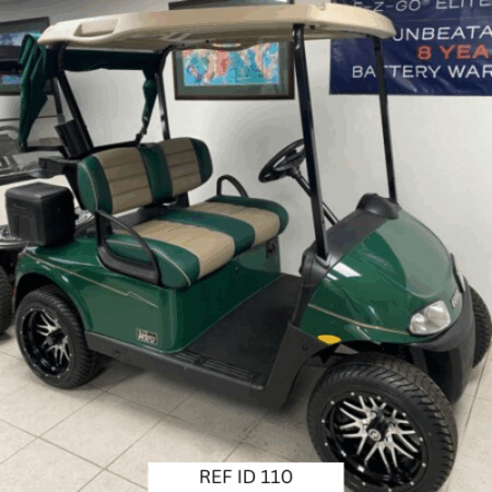 2020 Forest Green E-Z-GO RXV Elite golf cart with custom seats and 14-inch wheels