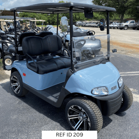 2021 Ocean Grey E-Z-GO RXV Elite golf cart with 4-passenger seating and premium seats