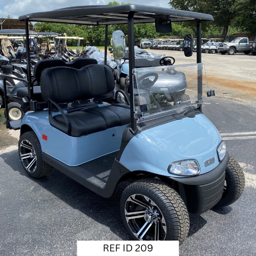 2021 Ocean Grey E-Z-GO RXV Elite golf cart with 4-passenger seating and premium seats