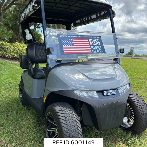 2027 E-Z-GO RXV Freedom Elite in Slate Grey featuring 14-inch wheels, signature Midnight Black seats, Sunbrella enclosure, mirrors, windshield, and Samsung Lithium battery – Sunshine Gold Car South Florida