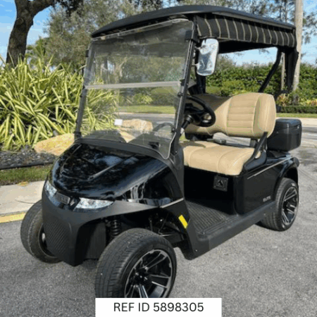 2025 E-Z-GO RXV Freedom Elite golf cart in black with premium seats, sunbrella enclosure, and Samsung Lithium battery