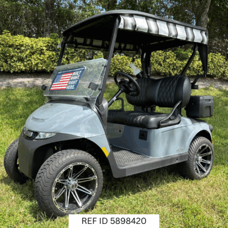 2025 E-Z-GO RXV Freedom Elite in Slate Grey featuring 14-inch wheels, signature Midnight Black seats, Sunbrella enclosure, mirrors, windshield, and Samsung Lithium battery – Sunshine Gold Car South Florida