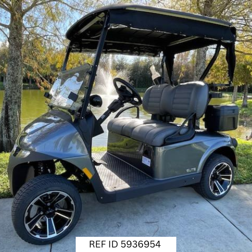 2026 E-Z-GO RXV Freedom Elite golf cart in Charcoal with 14-inch wheels, premium seats, sunbrella enclosure, and Samsung Lithium battery