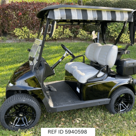 2026 E-Z-GO RXV Freedom Elite Black golf cart with Sunbrella enclosure and premium seats