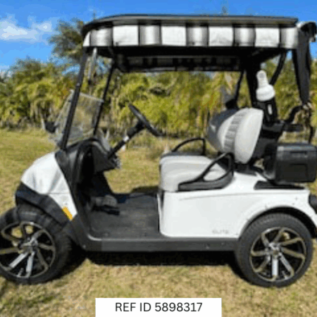 2025 E-Z-GO RXV Freedom Elite golf cart with carbon fiber steering wheel and Sunbrella enclosure