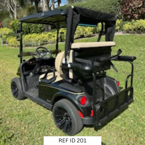 2020 black E-Z-GO RXV Elite golf cart with custom enclosure, 14-inch wheels, combo seat kit, and Samsung lithium battery