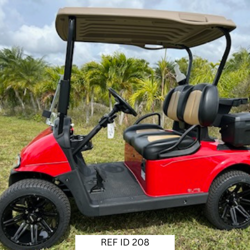 2020 red E-Z-GO RXV Elite golf cart with 14-inch wheels and custom two-tone seats