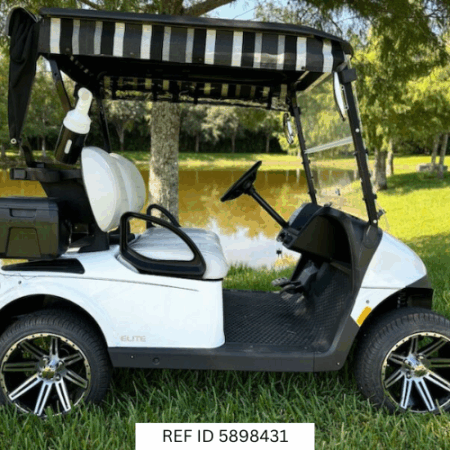 2025 E-Z-GO RXV Freedom Elite Bright White with soundbar, Sunbrella cover, and Samsung battery