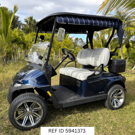 2026 E-Z-GO RXV2 Elite Patriot Blue with custom wheels and enclosure