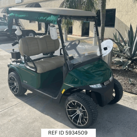 2026 E-Z-GO RXV Elite Green with golf kit, custom wheels, and Samsung battery