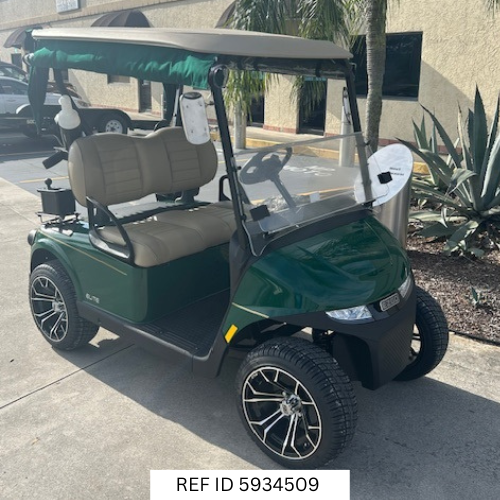 2026 E-Z-GO RXV Elite Green with golf kit, custom wheels, and Samsung battery