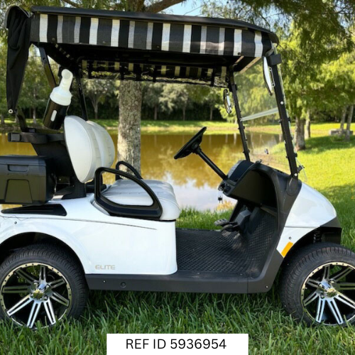 2026 E-Z-GO RXV2 Elite Bright White with soundbar, Sunbrella cover, and Samsung battery