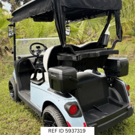 2026 E-Z-GO RXV2 Elite Ocean Grey with custom wheels, premium seats, and windshield