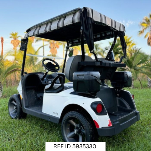 2026 E-Z-GO RXV Elite White with custom enclosure, windshield, premium seats, and custom wheels
