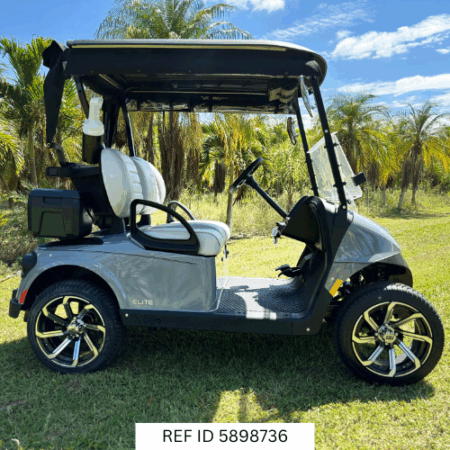 2025 E-Z-GO RXV Freedom Elite Ocean Grey with custom enclosure, wheels, premium seats, and windshield