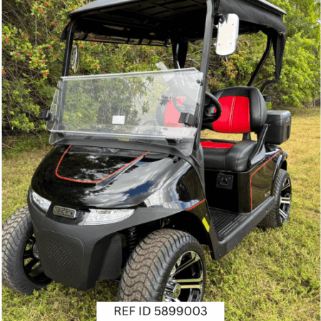 2025 E-Z-GO RXV Freedom Elite Black with custom red and black seats, black enclosure, and custom wheels
