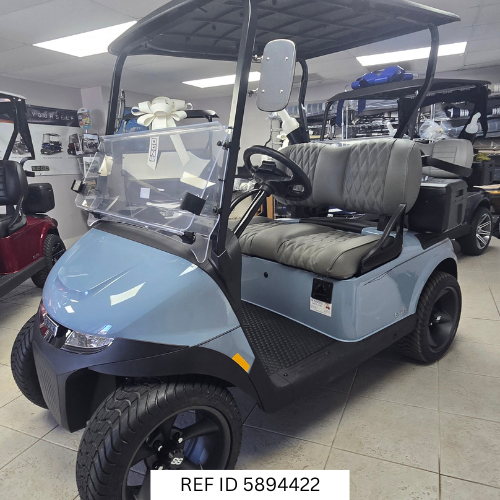 2025 E-Z-GO RXV Freedom Elite Ocean Grey with premium grey seats and custom wheels