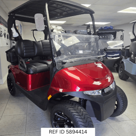 2025 E-Z-GO RXV Freedom Elite Red with premium black seats and custom wheels
