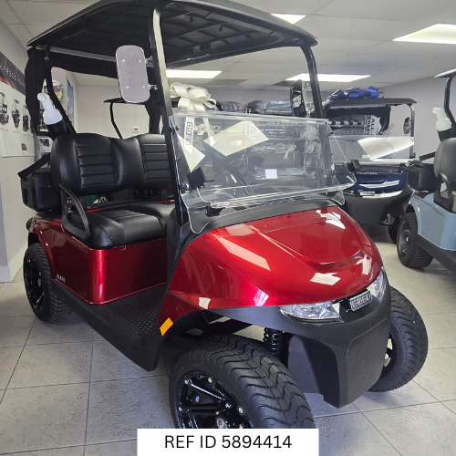 2025 E-Z-GO RXV Freedom Elite Red with premium black seats and custom wheels