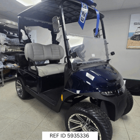 2026 E-Z-GO RXV Elite Blue with custom wheels and premium seats