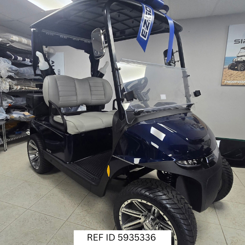 2026 E-Z-GO RXV Elite Blue with custom wheels and premium seats