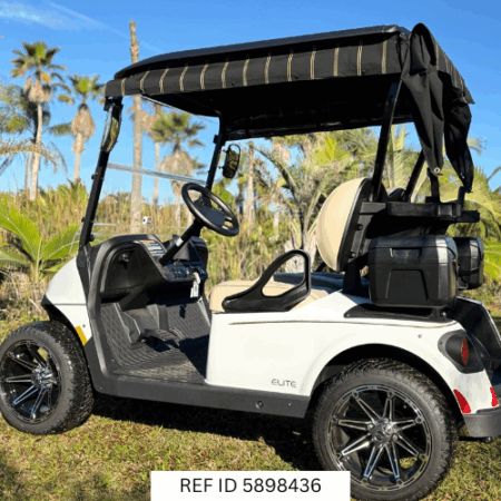 2025 E-Z-GO RXV Freedom Elite Bright White 2-seater with custom enclosure, windshield, premium seats, and custom wheels