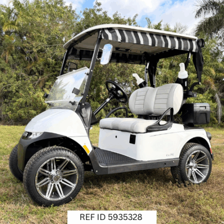 2026 E-Z-GO RXV Elite Bright White with custom enclosure, premium seats, and custom wheels