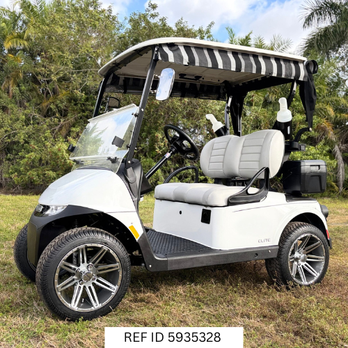 2026 E-Z-GO RXV Elite Bright White with custom enclosure, premium seats, and custom wheels
