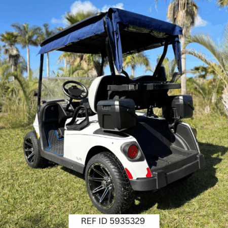 2026 E-Z-GO RXV Elite Bright White with custom enclosure, premium seats, and custom wheels