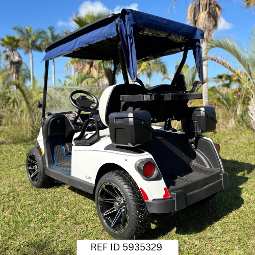 2026 E-Z-GO RXV Elite Bright White with custom enclosure, premium seats, and custom wheels