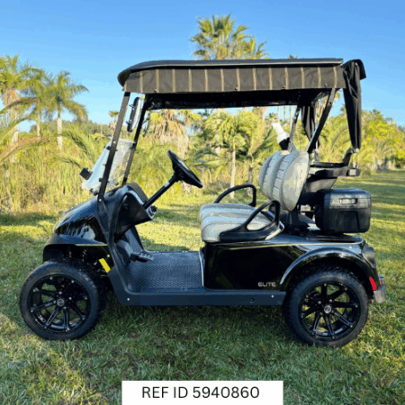 2026 E-Z-GO RXV Freedom Elite Black with windshield, custom enclosure, premium seats, and custom wheels