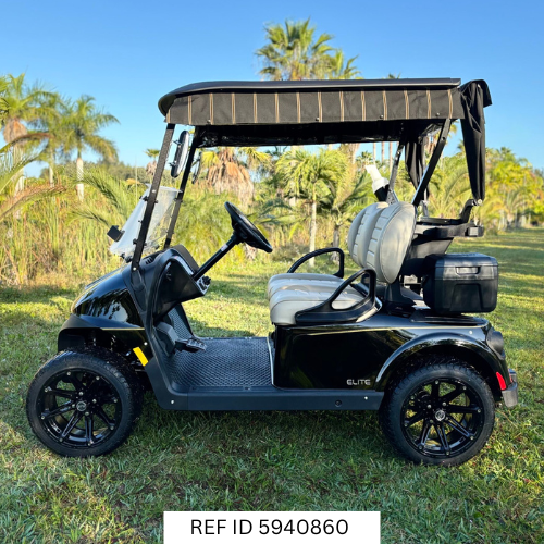 2026 E-Z-GO RXV Freedom Elite Black with windshield, custom enclosure, premium seats, and custom wheels