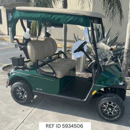 2026 E-Z-GO RXV Elite Green with enclosure, custom wheels, and premium seats