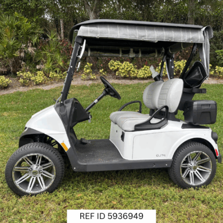 2026 E-Z-GO RXV Freedom Elite Bright White with enclosure, premium seats, and custom wheels