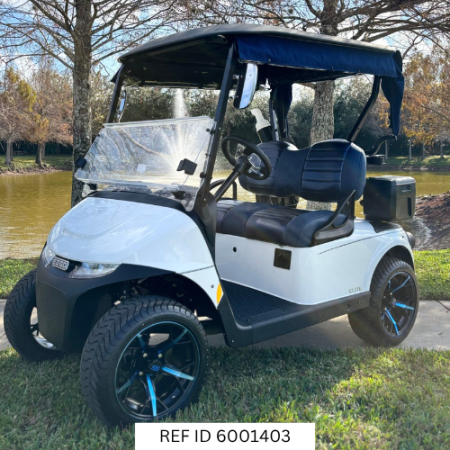2027 E-Z-GO RXV2 Elite Bright White with custom enclosure, premium seats, and custom wheels