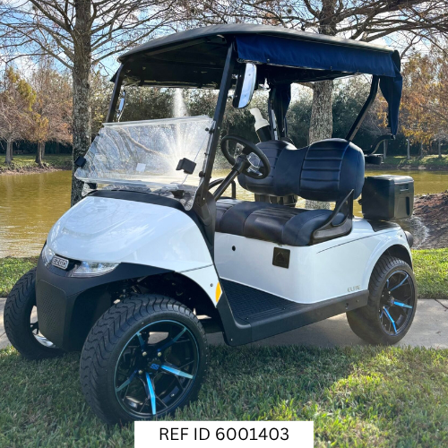 2027 E-Z-GO RXV2 Elite Bright White with custom enclosure, premium seats, and custom wheels