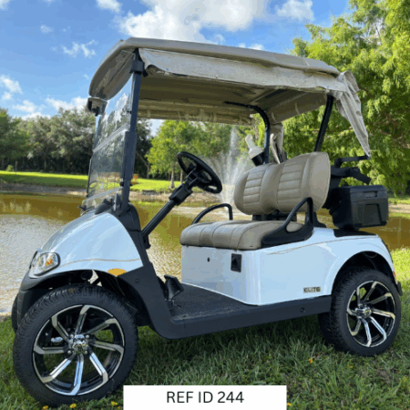 2020 E-Z-GO RXV Elite golf cart in bright white with 14-inch wheels and premium seats