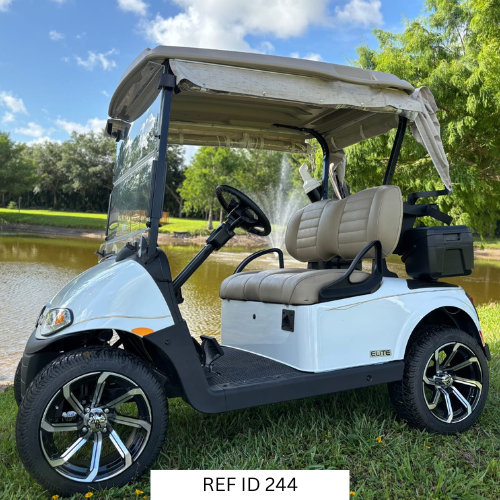 2020 E-Z-GO RXV Elite golf cart in bright white with 14-inch wheels and premium seats