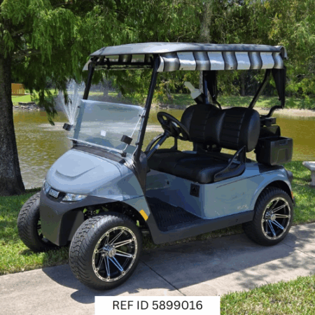 Side view of Ocean Grey RXV Elite golf cart with modern wheels