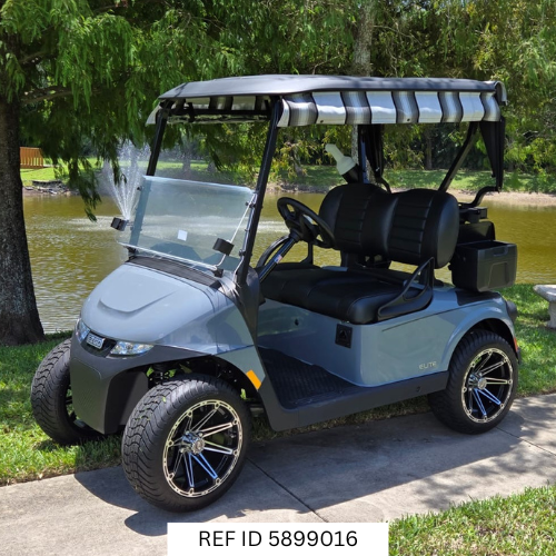 Side view of Ocean Grey RXV Elite golf cart with modern wheels