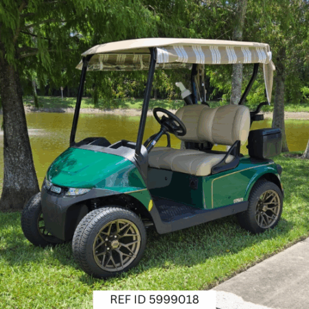Side angle of 2025 E-Z-GO RXV Elite in green parked near palm trees in South Florida