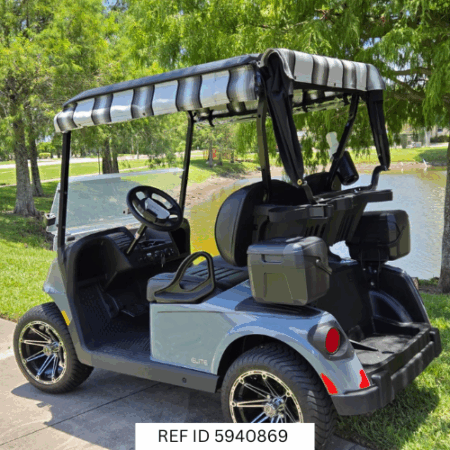 Side view of Ocean Grey RXV2 Elite golf cart with modern wheels