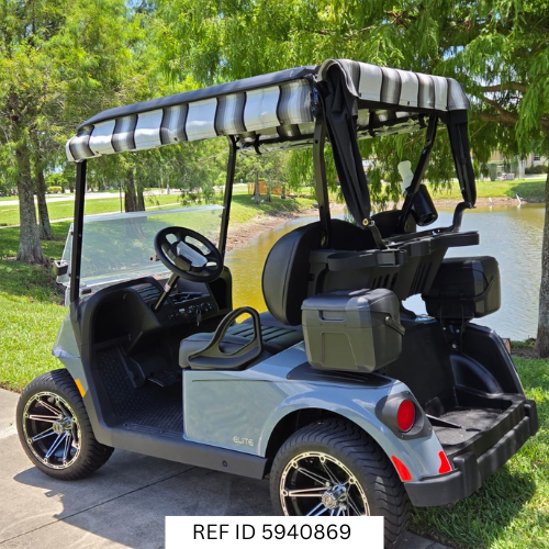 Side view of Ocean Grey RXV2 Elite golf cart with modern wheels