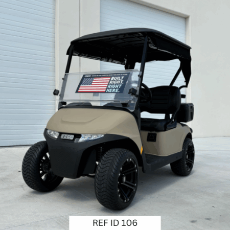 Front view of 2025 E-Z-GO RXV Freedom Sand Dune Limited Edition golf cart