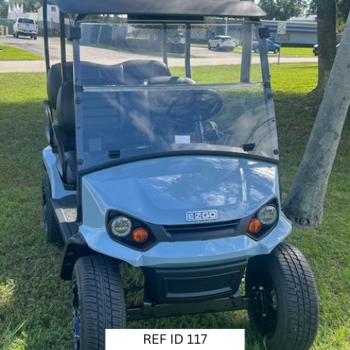 2026 E-Z-GO Liberty ELiTE in Ocean Grey with 4 forward-facing seats and modern styling at Sunshine Golf Car in South Florida.