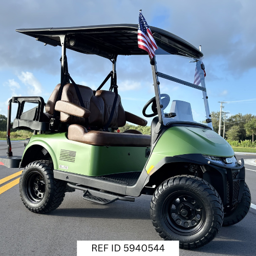 2026 E-Z-GO RXV4 Summit Folds of Honor Edition golf cart in Army Green with lifted suspension and premium seats