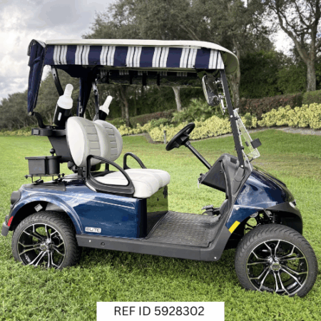 2026 E-Z-GO RXV ELiTE Blue golf cart front view with Premium White Seats – Sunshine Golf Car South Florida