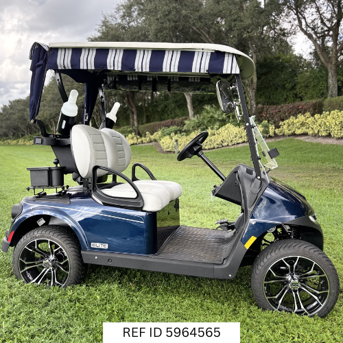 2026 E-Z-GO RXV2 ELiTE Blue golf cart front view with Premium White Seats – Sunshine Golf Car South Florida