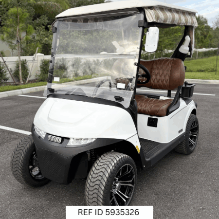 2026 E-Z-GO RXV ELiTE White golf cart front view with Amarillo Signature Seats – Sunshine Golf Car South Florida