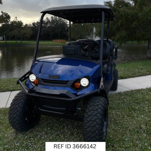 Blue 2026 E-Z-GO EXPRESS L6 golf cart at Sunshine Golf Car South Florida dealership